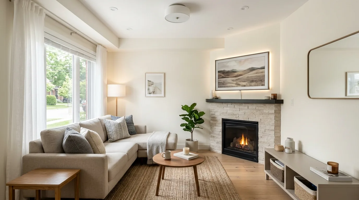 Choose finishes that connect fireplace and media
